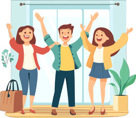 Fototapeta premium Joyful Reunion: A vibrant illustration portrays three cheerful figures, arms raised high in a moment of shared elation. Captured in a lively, friendly atmosphere.