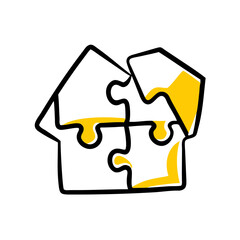 Puzzle pieces forming house on transparent background for web and graphic design