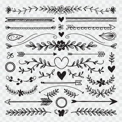 hand-drawn black and white decorative vector elements. Include a variety of ornate dividers, borders, floral flourishes, leafy branches, swirls, hearts, arrows, and circular wreaths.