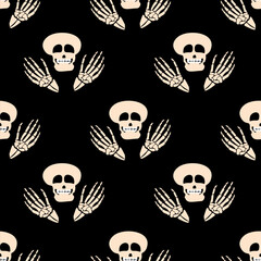 Minimalistic geometric design Seamless pattern with  skull  on black background. Mexican sugar skull. Halloween pattern. Dia de los muertos. Perfect for fabric, textile and packaging 