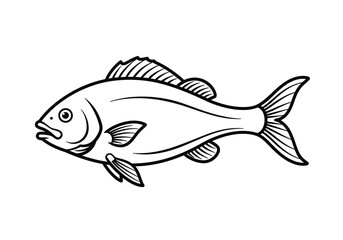 Sea fish drawing. It is a black and white outline image of a generic sea fish, featuring distinct scales, fins, and a tail. Vector sketch line art draw.