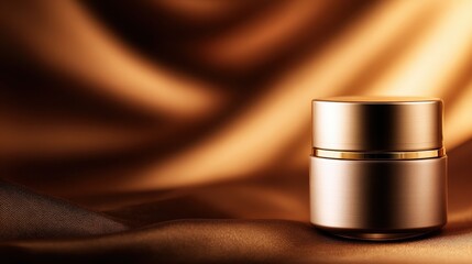 Elegant skincare cream jar resting on luxurious golden fabric, highlighting beauty and elegance