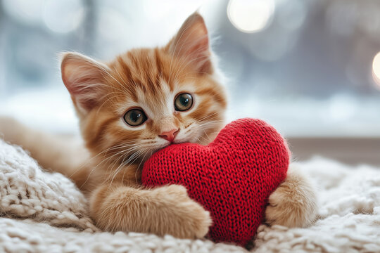 Cute ginger kitten holding a red heart