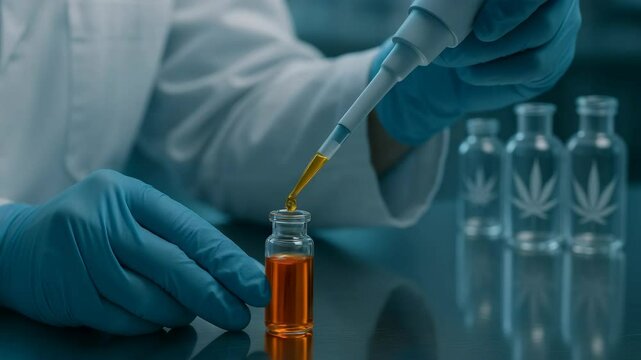 Researcher prepares cannabis oil extract in laboratory focused on medical applications