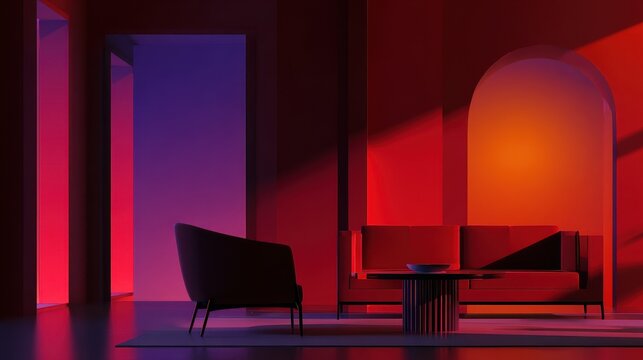 Modern interior design showcasing a vibrant red and purple color palette with stylish furniture