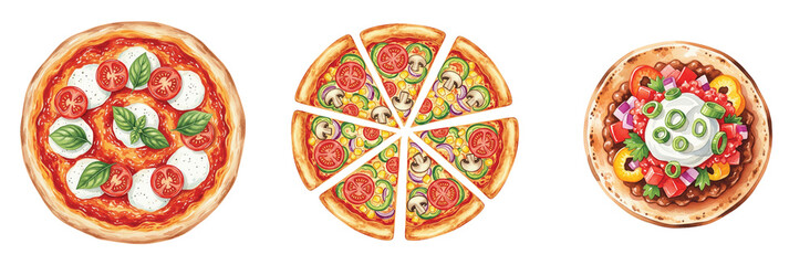 Artistic watercolor depictions of various gourmet pizzas, including classic Margherita and vegetable-topped slices.	
