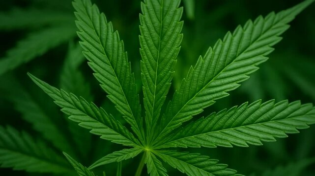 Explore the intricate texture and vibrant green color of cannabis leaves in close detail outdoors on a sunny day