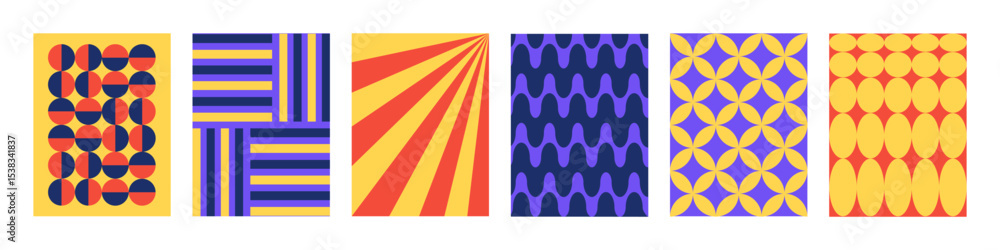 Poster Set of Abstract vertical geometric backgrounds with colorful shapes and forms. Yellow, red and purple colors. Trendy vector illustration in style retro