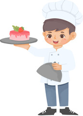 Young Chef and Strawberry Cake: A charming young chef presents a delicious strawberry cake, ready to be enjoyed. An illustration capturing culinary delight.