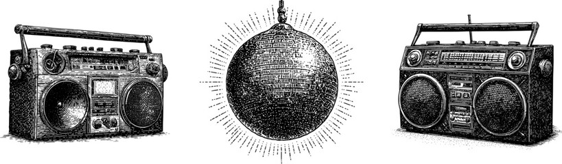 Engraved artwork of boombox and mirror ball for music enthusiasts, retro vector illustration