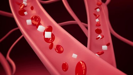 Red blood cells and white sugar cubes flow inside a blood vein, close-up 3D animation with defocused background.
