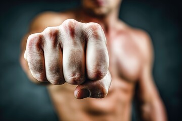 Extreme close-up of shirtless muscular man punching toward camera with clenched fist in focus and intense energy in dramatic lighting