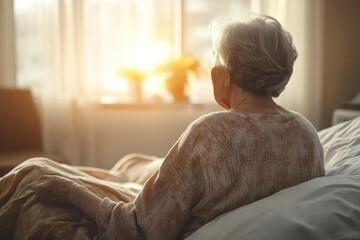 Senior patient sitting on the bed in the hospital., Generative AI