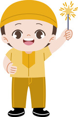 Happy Boy with Sparkler: A cheerful illustration of a young boy, dressed in yellow, holding a sparkling sparkler, radiating joy and festive cheer. 