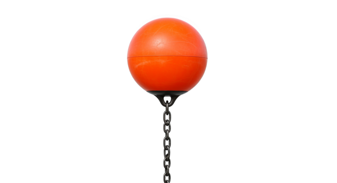 Isolated orange sphere suspends from chain, offering a contrasting visual with industrial element.