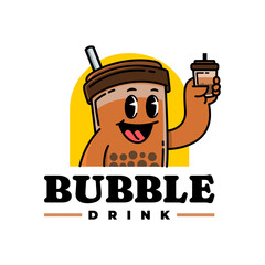 An illustration of a bubble drink cup in a vintage mascot cartoon style. A cartoon logo suitable for a bubble drink brand.