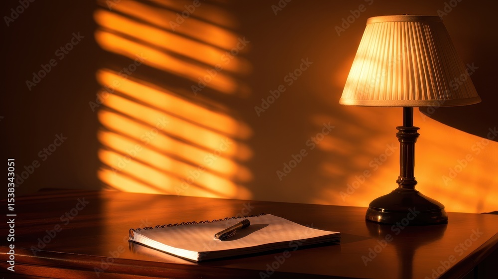 Poster cozy evening scene with a lamp casting shadows on a notebook and pen on a wooden table