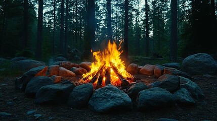 Forest campfire at night, glowing embers, dark trees, relaxation