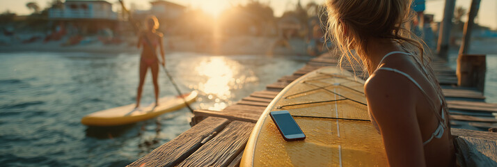Standup paddleboarding at sunset by the serene jetty with a smartphone nearby