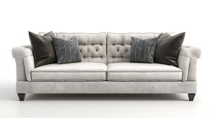 Fototapeta premium A light gray couch with decorative pillows against a white background.
