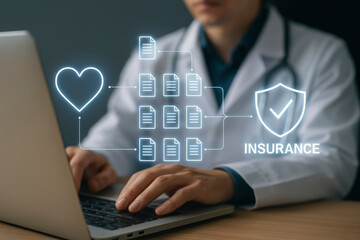 Fototapeta premium Doctor with Laptop, Interconnected Health Records, Heart Symbol, and Insurance Icon, Emphasizing Secure Medical Data.