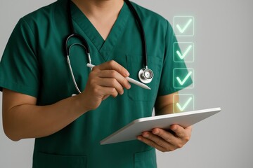 Medical Professional in Green Scrubs Using a Tablet with Digital Checkmarks, Symbolizing Completed Tasks and Efficient Healthcare Management.
