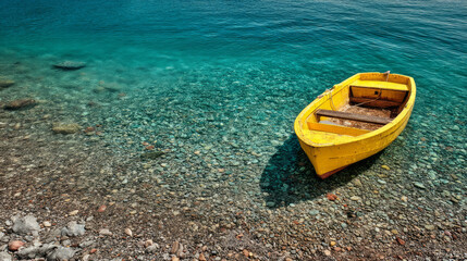 Yellow boat stranded on pebbled beach in sunlit clear aqua waters