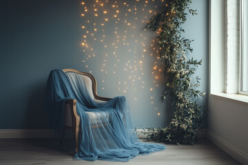 Maternity, wedding, photography backdrop of gentle flowing blue tulle fabric  and olive leaves  garland