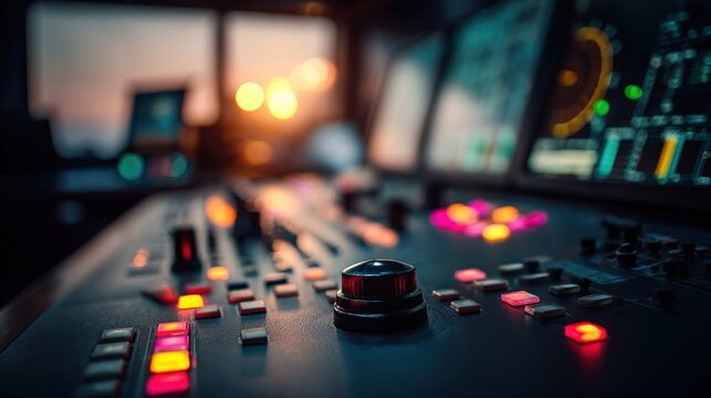 Close-up of a professional audio mixing console with illuminated buttons and knobs.  Blurred background suggests a control room setting