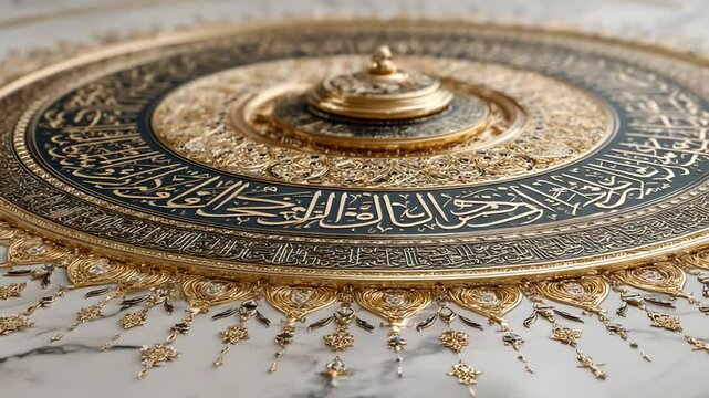 Elegant Islamic art featuring intricate gold patterns and calligraphy on a marble surface