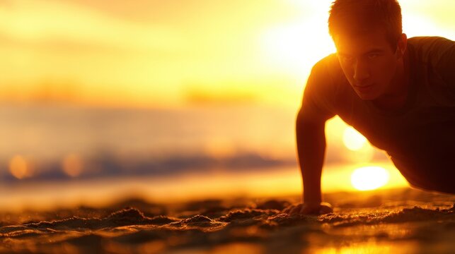 Young man doing push-ups on the beach during a vibrant sunset, with waves and ships in the background - Powered by Adobe