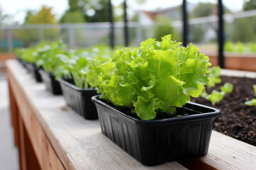Lettuce plants thrive in black containers on wooden planter boxes under bright sunlight. Organized layout in a community garden showcases fresh produce. Concept of gardening, sustainability, health
