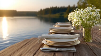 Fototapeta premium Elegant outdoor dining setup by a serene lake at sunset, featuring plates and flowers