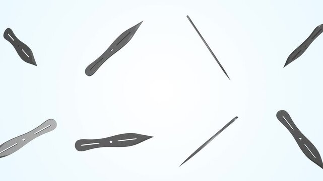 Throwing Knives Falling on a Light Blue Background. Throwing Knife 3D. 4K