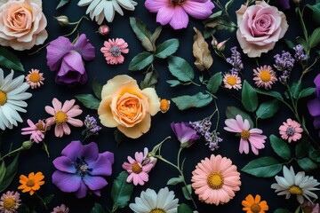 A vibrant flatlay showcasing a diverse array of pastel and purple flowers, leaves, and buds artfully arranged on a dark background