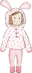 Cute Bunny Girl: Adorable illustration of a little girl wearing a pink polka dot bunny suit, perfect for Easter, springtime, or children's themes.