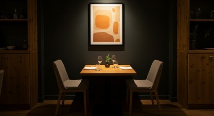 Modern dining room interior with wooden table and chairs in a stylish restaurant setting