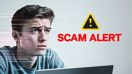 A worried young man with light brown hair looks concerned while using a laptop, with a 'Scam Alert' sign overlay.