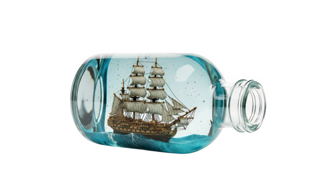 Detailed ship model captured inside a delicate glass bottle with gentle, stylized blue water waves