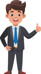 Obraz premium Smiling Success: A confident businessperson in a sleek suit radiates success, offering a friendly thumbs-up.