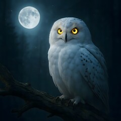 Snowy Owl Perched on Tree Under Moonlight — Mysterious Nocturnal Bird in Dark Forest, Glowing Eyes and Magical Atmosphere, Wildlife Night Photography

