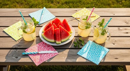 Refreshing watermelon slices and lemonade drinks arranged on a wooden picnic table with colorful napkins and straws.
