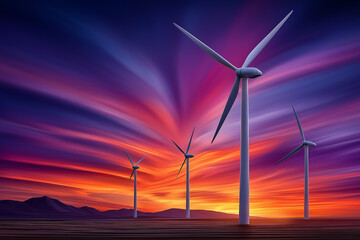Wind turbines rotate gracefully as sunset casts colorful hues across sky. Location features serene landscape with mountains in background