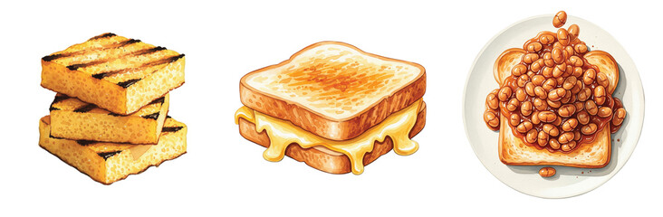 Watercolor illustrations of comforting carb-based foods, including grilled cornbread, a cheesy grilled sandwich, and baked beans on toast.