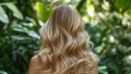 Vanilla Biscotti Blonde Hairstyle, seen from behind with natural shine in an outdoor setting. Beautifully styled long wavy hair with vibrant highlights amidst lush foliage. Hair Trends in 2025