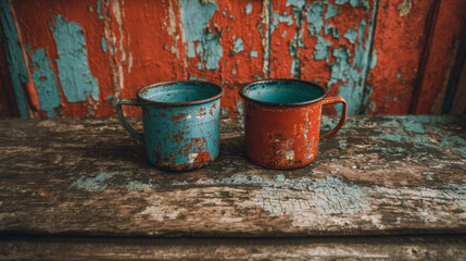 Obraz premium Rustic Soviet-era enamel mugs on aged wooden table with vibrant peeling paint