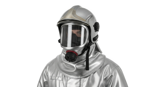 A firefighter gazes ahead, clad in silver protective gear, helmet, and mask against a neutral