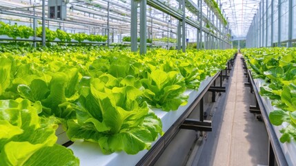 Fototapeta premium Lush green lettuce thriving in a modern greenhouse with rows of vibrant plants under bright lights
