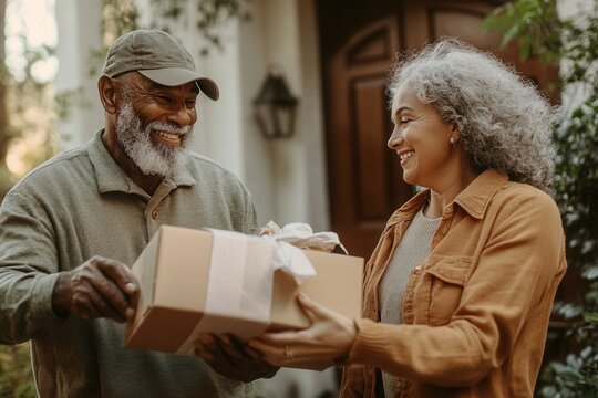 A cheerful Christmas or New Year gift delivery man gives a parcel to a woman in the winter season