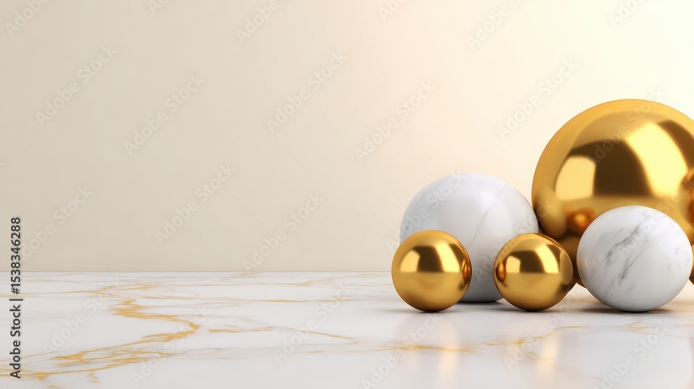 Poster golden and white spheres arranged on a marble surface with a soft background, creating a modern aest